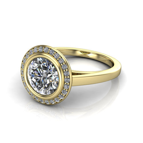 Rosie round halo bezel-set engagement ring in 14K Yellow Gold — three-quarter perspective showing the brilliant round center diamond, pavé diamond halo, and slim high-polish shank