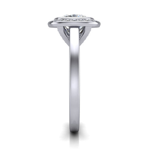Rosie cushion halo bezel-set engagement ring in 14K White Gold — side profile showing the bezel-set cushion-cut center stone, halo silhouette, and slim cathedral shank