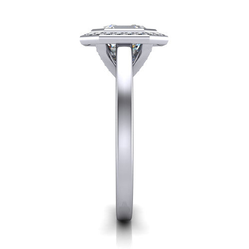 Rosie square emerald halo bezel-set engagement ring in 18K White Gold — side profile showing the bezel-set square emerald-cut (Asscher-style) center stone, halo silhouette, and slim cathedral shank