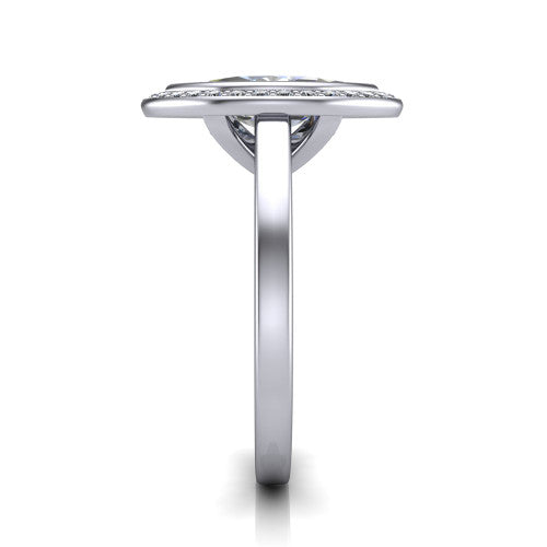 Rosie marquise halo bezel-set engagement ring in 14K White Gold — side profile showing the bezel-set marquise-cut center stone, halo silhouette, and slim cathedral shank