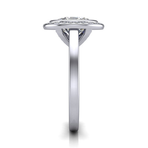 Rosie oval halo bezel-set engagement ring in 18K White Gold — side profile showing the bezel-set oval-cut center stone, halo silhouette, and slim cathedral shank