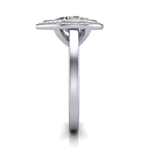 Rosie pear halo bezel-set engagement ring in 14K White Gold — side profile showing the bezel-set pear-cut center stone, halo silhouette, and slim cathedral shank