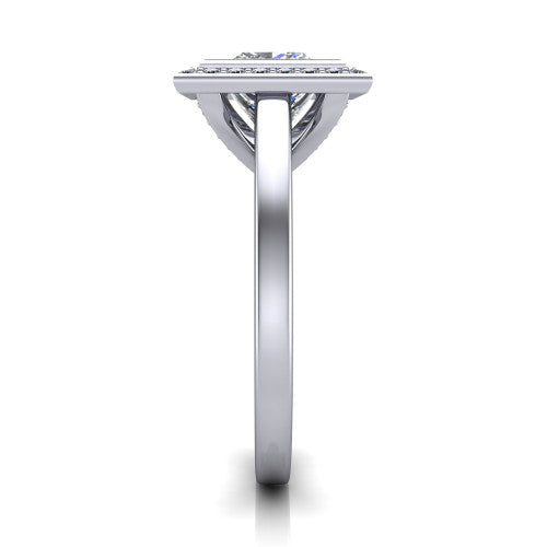 Rosie princess halo bezel-set engagement ring in 18K White Gold — side profile showing the bezel-set princess-cut center stone, halo silhouette, and slim cathedral shank