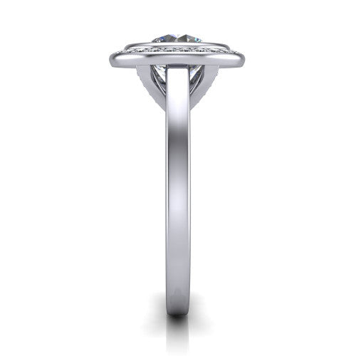 Rosie round halo bezel-set engagement ring in Platinum — side profile showing the bezel-set brilliant round center stone, halo silhouette, and slim cathedral shank