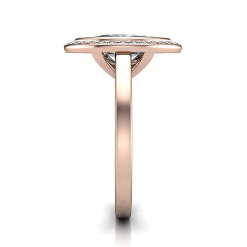 Rosie marquise halo bezel-set engagement ring in 14K Rose Gold — side profile showing the bezel-set marquise-cut center stone, halo silhouette, and slim cathedral shank