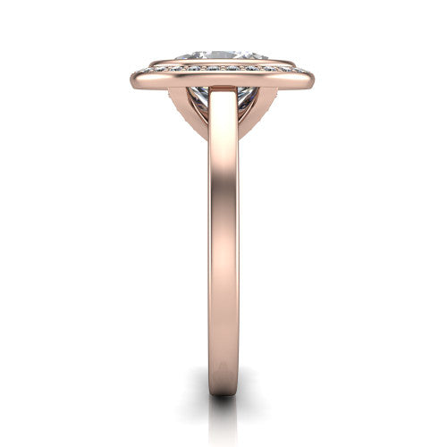 Rosie oval halo bezel-set engagement ring in 18K Rose Gold — side profile showing the bezel-set oval-cut center stone, halo silhouette, and slim cathedral shank