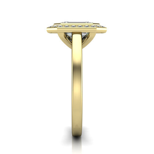 Rosie emerald halo bezel-set engagement ring in 14K Yellow Gold — side profile showing the bezel-set emerald-cut center stone, halo silhouette, and slim cathedral shank