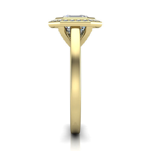 Rosie square emerald halo bezel-set engagement ring in 14K Yellow Gold — side profile showing the bezel-set square emerald-cut (Asscher-style) center stone, halo silhouette, and slim cathedral shank