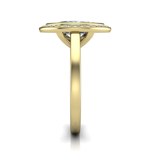 Rosie marquise halo bezel-set engagement ring in 18K Yellow Gold — side profile showing the bezel-set marquise-cut center stone, halo silhouette, and slim cathedral shank