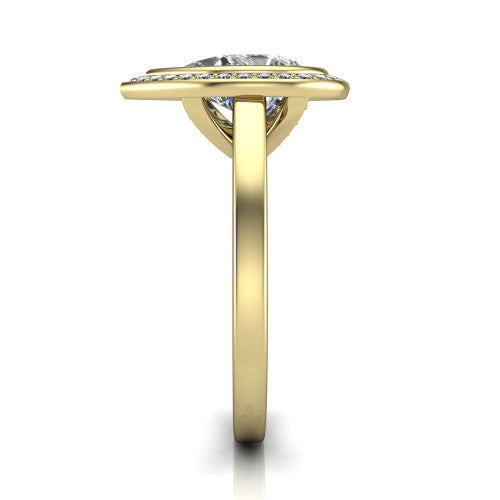 Rosie pear halo bezel-set engagement ring in 14K Yellow Gold — side profile showing the bezel-set pear-cut center stone, halo silhouette, and slim cathedral shank