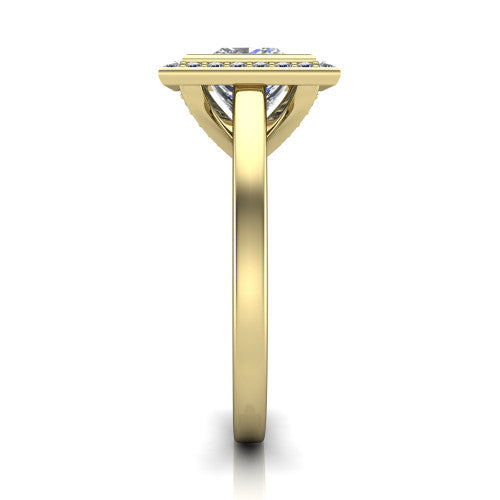 Rosie princess halo bezel-set engagement ring in 14K Yellow Gold — side profile showing the bezel-set princess-cut center stone, halo silhouette, and slim cathedral shank
