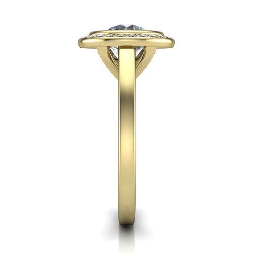 Rosie round halo bezel-set engagement ring in 14K Yellow Gold — side profile showing the bezel-set brilliant round center stone, halo silhouette, and slim cathedral shank