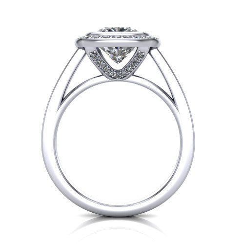 Rosie cushion halo bezel-set engagement ring in Platinum — through-finger front profile showing the open cathedral under-gallery beneath the halo