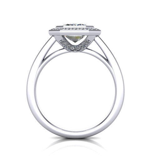 Rosie emerald halo bezel-set engagement ring in 14K White Gold — through-finger front profile showing the open cathedral under-gallery beneath the halo