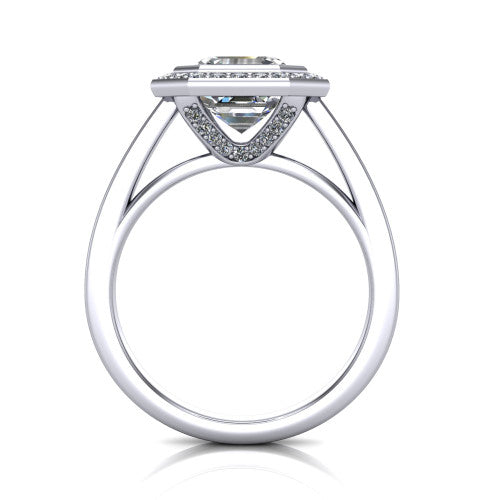 Rosie square emerald halo bezel-set engagement ring in 18K White Gold — through-finger front profile showing the open cathedral under-gallery beneath the halo