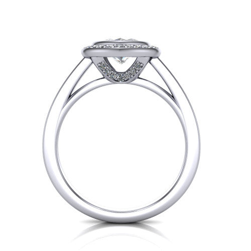 Rosie marquise halo bezel-set engagement ring in Platinum — through-finger front profile showing the open cathedral under-gallery beneath the halo