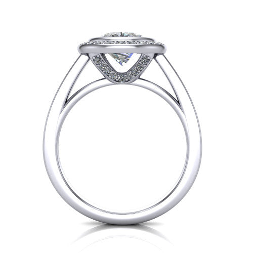 Rosie oval halo bezel-set engagement ring in 14K White Gold — through-finger front profile showing the open cathedral under-gallery beneath the halo