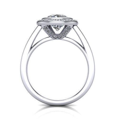 Rosie pear halo bezel-set engagement ring in 14K White Gold — through-finger front profile showing the open cathedral under-gallery beneath the halo