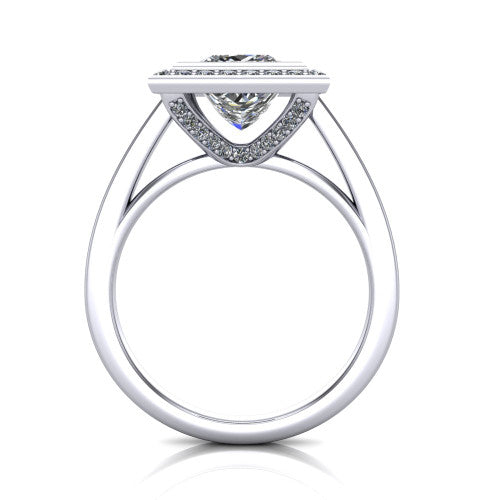 Rosie princess halo bezel-set engagement ring in Platinum — through-finger front profile showing the open cathedral under-gallery beneath the halo