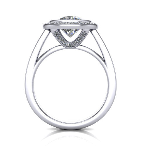 Rosie round halo bezel-set engagement ring in Platinum — through-finger front profile showing the open cathedral under-gallery beneath the halo