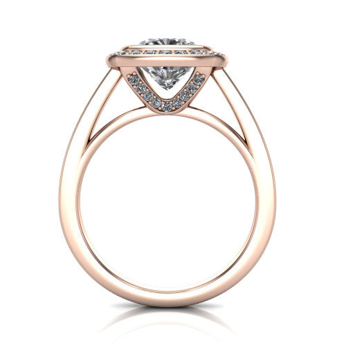 Rosie cushion halo bezel-set engagement ring in 18K Rose Gold — through-finger front profile showing the open cathedral under-gallery beneath the halo