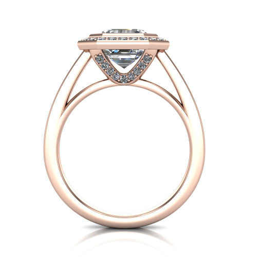 Rosie square emerald halo bezel-set engagement ring in 18K Rose Gold — through-finger front profile showing the open cathedral under-gallery beneath the halo