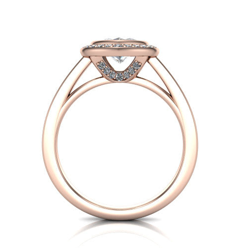 Rosie marquise halo bezel-set engagement ring in 14K Rose Gold — through-finger front profile showing the open cathedral under-gallery beneath the halo