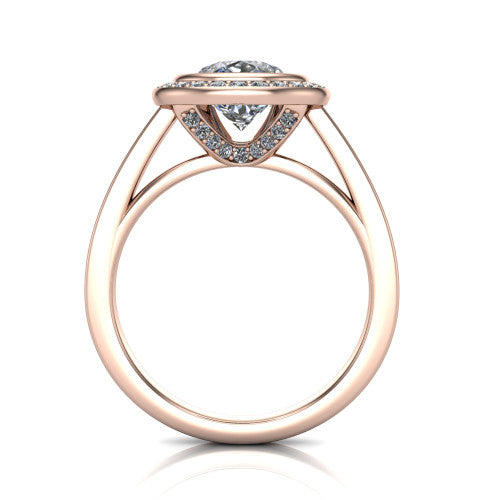 Rosie pear halo bezel-set engagement ring in 18K Rose Gold — through-finger front profile showing the open cathedral under-gallery beneath the halo