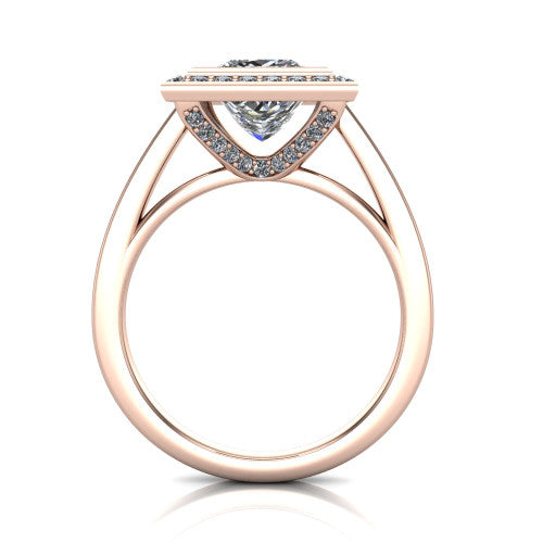 Rosie princess halo bezel-set engagement ring in 14K Rose Gold — through-finger front profile showing the open cathedral under-gallery beneath the halo