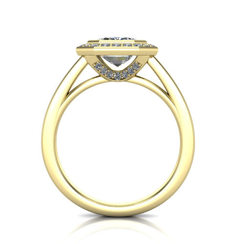 Rosie emerald halo bezel-set engagement ring in 14K Yellow Gold — through-finger front profile showing the open cathedral under-gallery beneath the halo