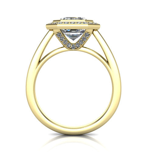 Rosie square emerald halo bezel-set engagement ring in 14K Yellow Gold — through-finger front profile showing the open cathedral under-gallery beneath the halo