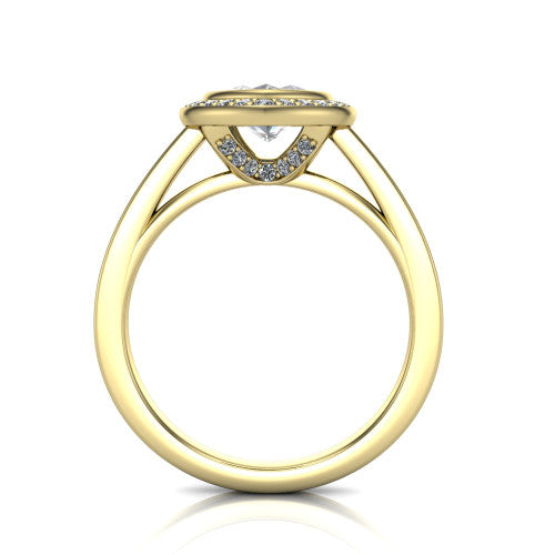 Rosie marquise halo bezel-set engagement ring in 14K Yellow Gold — through-finger front profile showing the open cathedral under-gallery beneath the halo