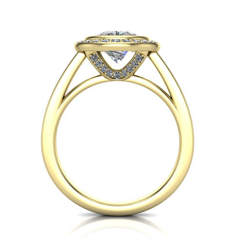 Rosie oval halo bezel-set engagement ring in 14K Yellow Gold — through-finger front profile showing the open cathedral under-gallery beneath the halo