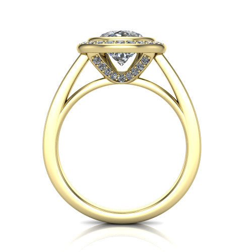 Rosie pear halo bezel-set engagement ring in 18K Yellow Gold — through-finger front profile showing the open cathedral under-gallery beneath the halo