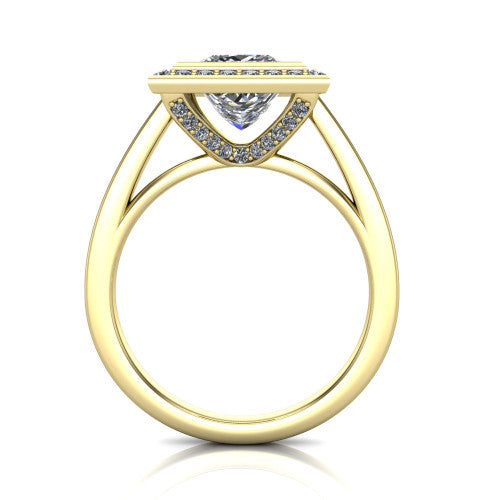 Rosie princess halo bezel-set engagement ring in 14K Yellow Gold — through-finger front profile showing the open cathedral under-gallery beneath the halo