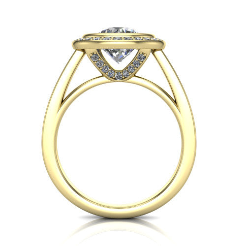 Rosie round halo bezel-set engagement ring in 14K Yellow Gold — through-finger front profile showing the open cathedral under-gallery beneath the halo