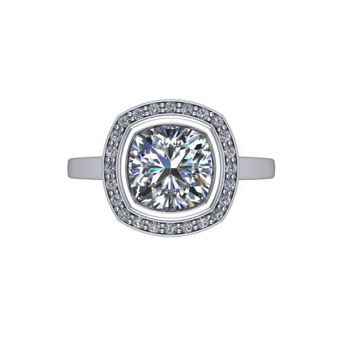 Rosie cushion halo bezel-set engagement ring in 14K White Gold — top-down view showing the cushion-cut center stone framed by the full diamond halo and bezel outline