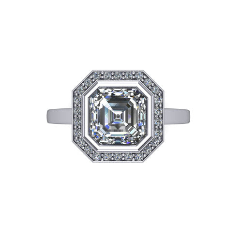 Rosie square emerald halo bezel-set engagement ring in 18K White Gold — top-down view showing the square emerald-cut (Asscher-style) center stone framed by the full diamond halo and bezel outline