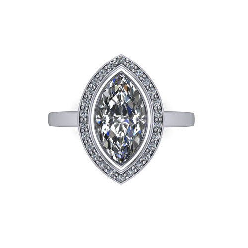 Rosie marquise halo bezel-set engagement ring in 18K White Gold — top-down view showing the marquise-cut center stone framed by the full diamond halo and bezel outline