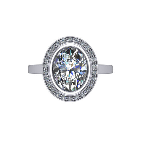 Rosie oval halo bezel-set engagement ring in 14K White Gold — top-down view showing the oval-cut center stone framed by the full diamond halo and bezel outline
