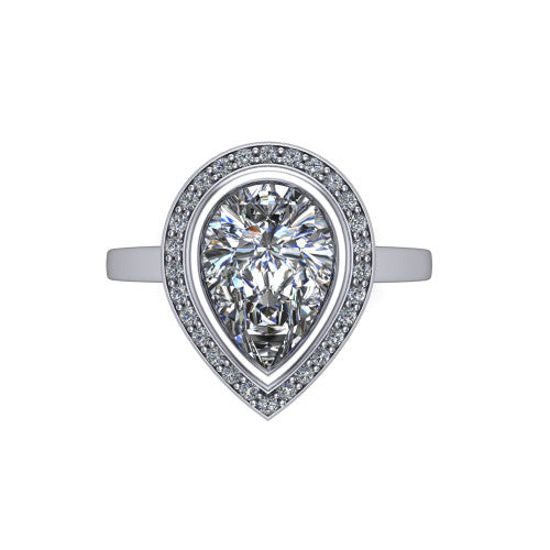 Rosie pear halo bezel-set engagement ring in 14K White Gold — top-down view showing the pear-cut center stone framed by the full diamond halo and bezel outline