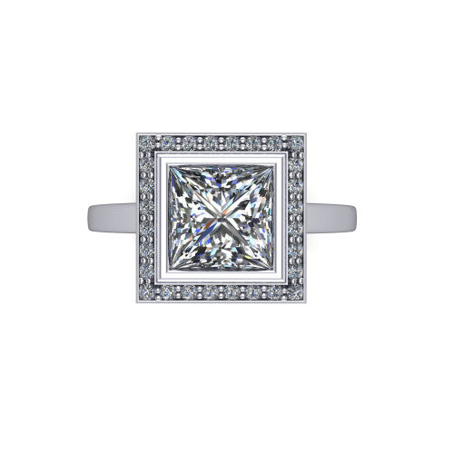 Rosie princess halo bezel-set engagement ring in 14K White Gold — top-down view showing the princess-cut center stone framed by the full diamond halo and bezel outline