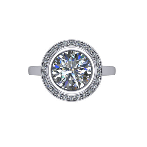 Rosie round halo bezel-set engagement ring in Platinum — top-down view showing the brilliant round center stone framed by the full diamond halo and bezel outline