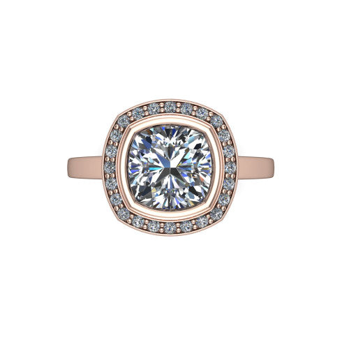 Rosie cushion halo bezel-set engagement ring in 14K Rose Gold — top-down view showing the cushion-cut center stone framed by the full diamond halo and bezel outline