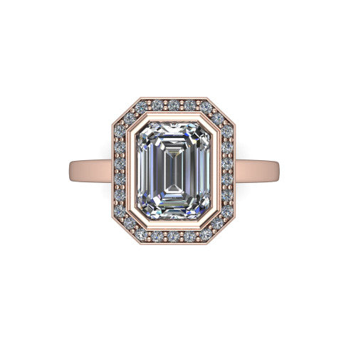 Rosie emerald halo bezel-set engagement ring in 14K Rose Gold — top-down view showing the emerald-cut center stone framed by the full diamond halo and bezel outline