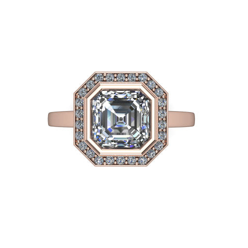 Rosie square emerald halo bezel-set engagement ring in 14K Rose Gold — top-down view showing the square emerald-cut (Asscher-style) center stone framed by the full diamond halo and bezel outline