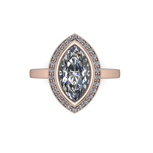 Rosie marquise halo bezel-set engagement ring in 14K Rose Gold — top-down view showing the marquise-cut center stone framed by the full diamond halo and bezel outline