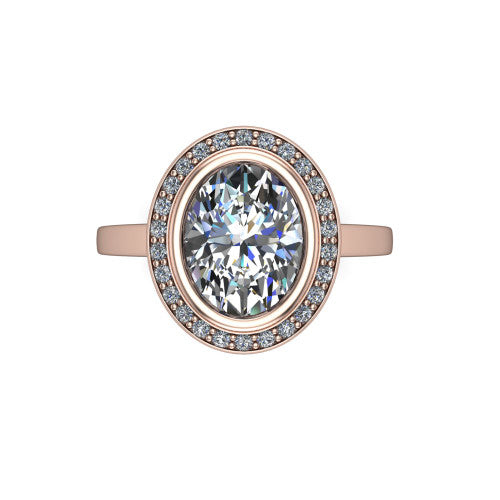 Rosie oval halo bezel-set engagement ring in 14K Rose Gold — top-down view showing the oval-cut center stone framed by the full diamond halo and bezel outline