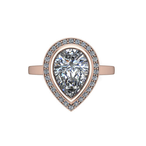 Rosie pear halo bezel-set engagement ring in 18K Rose Gold — top-down view showing the pear-cut center stone framed by the full diamond halo and bezel outline
