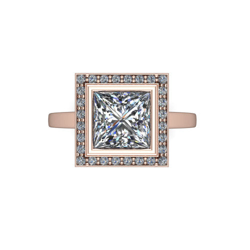 Rosie princess halo bezel-set engagement ring in 14K Rose Gold — top-down view showing the princess-cut center stone framed by the full diamond halo and bezel outline
